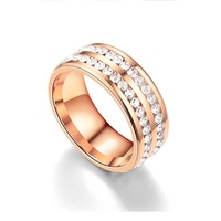 Ensemble de bagues tendance pour couple en acier inoxydable plaqué or 18 carats, serti pavé double rangée de zircone cubique créée en laboratoire