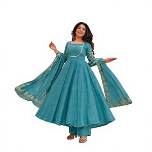Présentation de la nouvelle robe Anarkali élégante avec broderie et travail de codage, accompagnée d'un pantalon et d'un dupatta - Product Image 1
