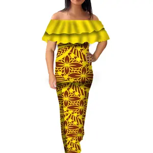 Polynesian Tribal Off Shoulder Rüschen kleid Samoan Puletasi Set Gelb Tapa Flower Plus Size Damen bekleidung Island 8XL Kleid