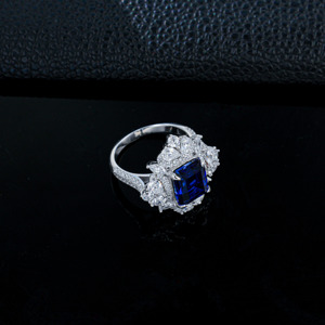 925 Sterling Silver Lab Created Sapphire Emerald Cut Halo <b>Statement</b> <b>Ring</b> - Product Image 3