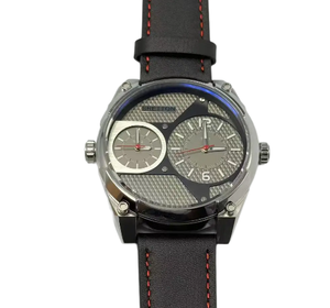 Orologio da Uomo con Doppio Fuso <span class=keywords><strong>Orario</strong></span>, Cassa in Acciaio Lucido, Cinturino in Vera Pelle con Rete Traforata, Stile Industriale Casual, Impermeabile - Product Image 3