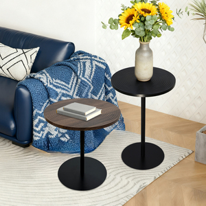 Set Of 2 <b>Small</b> Round Side <b>Table</b> Wooden Concentric Circles Metal <b>Pedestal</b> Nightstand For Corner <b>Small</b> Space - Product Image 2
