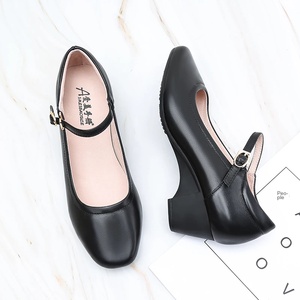 Giày công sở nữ da đen kiểu Lolita thanh lịch, gót trung, mũi vuông, họa tiết trơn, tăng chiều cao. - Product Image 5