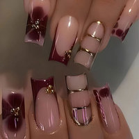 Uñas postizas francesas con punta, color nude burdeos, largas, estilo ataúd, a presión, rojo vino, ombré, línea dorada, cuentas doradas, leopardo, hechas a mano