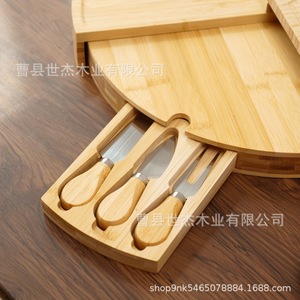 Mu Yujia Bamboo Cheeseboard Set Round With <b>Knife</b> Fork Steak <b>Bread</b> Solid Wood Plate Multifunction Cheese Tools - Product Image 4