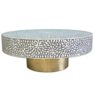 Hot Sale Bone Inlay Round Floral  Coffee Table with Brass Base  Bone Inlay  Furniture Handicraft from India