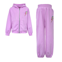 Ensemble de survêtement décontracté pour filles en laine violette avec sweat à capuche zippé et pantalon de jogging, orné d'un nœud cerise et d'une applique en strass, deux pièces, vêtements de sport pour enfants