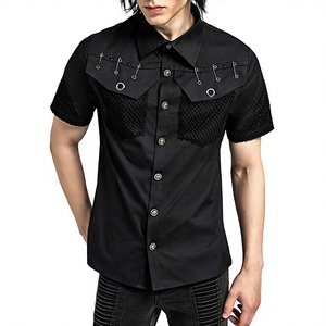 Men's <b>Gothic</b> Black Short Sleeve <b>Shirt</b> With Mesh Pockets And Safety Pin Rivets Decoration - Product Image 1
