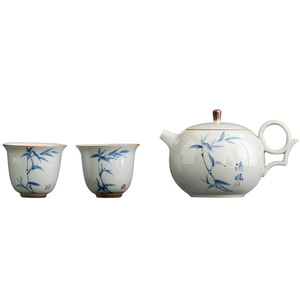 Juego de té de bambú pintado a mano en azul y blanco, una tetera, dos tazas, juego de té sencillo para dos personas, cerámica Dehua, nuevo estilo chino. - Product Image 5