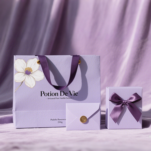Sacs à provisions de luxe imprimés de logo personnalisé en papier d'art violet recyclé de haute qualité pour vêtement avec ruban, corde et estampage à l'or - Product Image 2