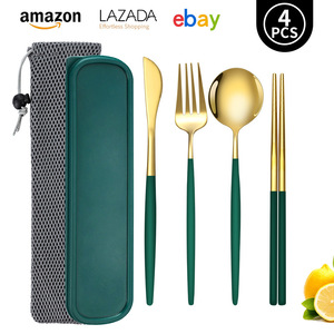 Juego de cubiertos de acero inoxidable para exteriores, cuchillo, tenedor, cuchara, palillos, utensilios portátiles para acampar, verde dorado, 4 piezas - Product Image 1