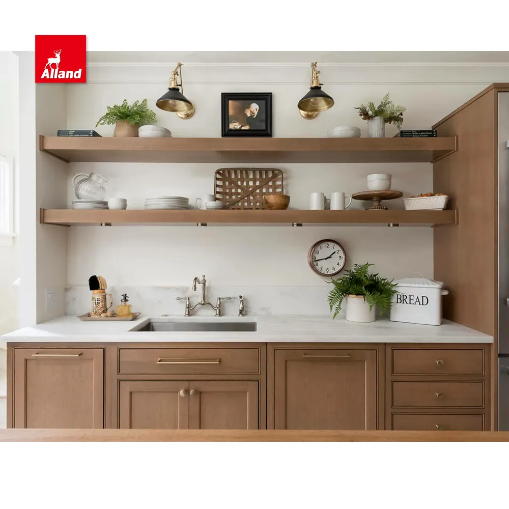 Armário de cozinha personalizado AllandCabinet estilo moderno, madeira maciça, moldura americana, encaixe frisado de alta qualidade para uso doméstico