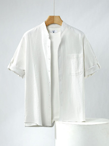 Camisa de lino para hombre, camisa de manga corta, suelta, de algodón y lino de verano para hombre, Top simple con cuello alto de color sólido para hombre - Product Image 3