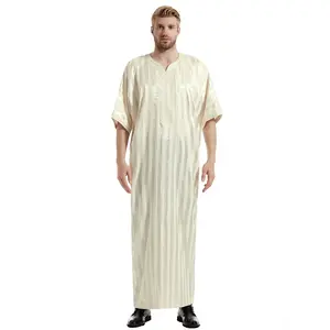 Medium Abaya Striped Short Sleeve Embroidered Wholesale High Quality Arab Morocco Thobe Muslim Thawb Caftan Satin Daffah for Men