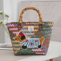 Sac Panier Fait Main Mignon Appliqué Chien Fourre-tout Multicolore Sac à Main Anse Bambou Été Bohème Vacances Plage Paille Tissé