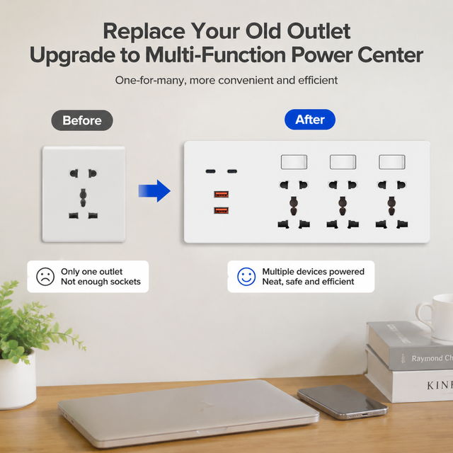 3 Gang Wall Socket Extender with Switch Control USB-C PD 65W USB-A Charger Multi Plug Power Outlet Replacement Socket