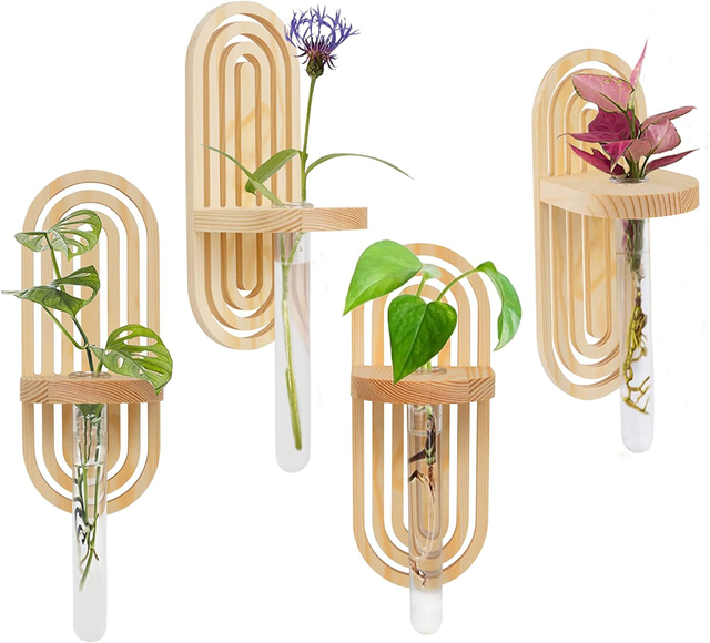 Hanging Test Tube Vase 4 Set Separate Wall Wood Plant Holder for Indoor Hydroponics Plants Wall Decoration