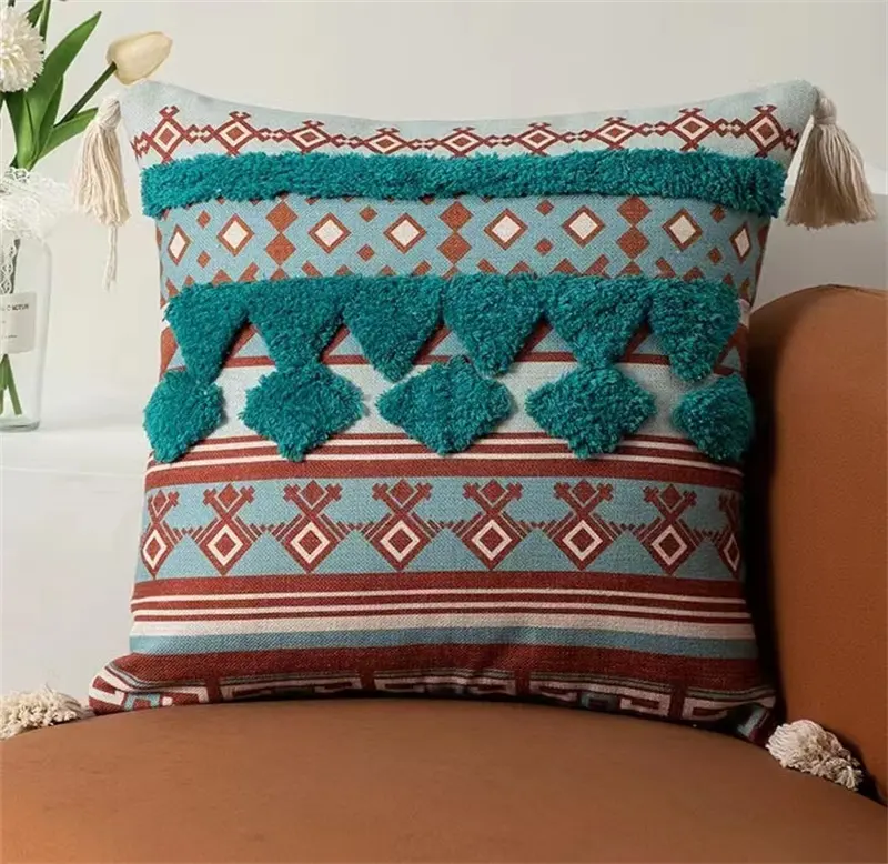 Newlasnton Colorful Geometric Bohemia Printed Cushion Covers Moroccan Tufted Pillow Cover With Tassels
