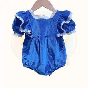 Groothandel Custom Kleur Peuter Fluweel Kant Koningsblauwe Baby Meisjes Kleding Romper Boutique Ruche Romper