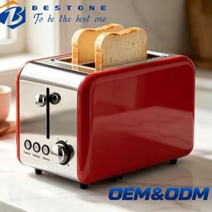 Grille-pain électrique BESTONE 2 fentes 850W en acier inoxydable rouge avec minuterie mécanique, fonctions de décongélation et de réchauffement, pour usage domestique - Product Image 1