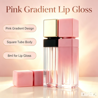 Tube de brillant à lèvres carré rose dégradé vide en gros, 8 ml, avec capuchon doré, emballage cosmétique