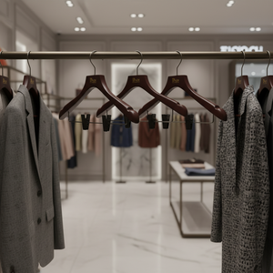 מתלה מעילים מעץ מעוצב בצורה אלגנטית עם ווים עגולים שטוחים בצבע שחור מט וסוגריים גדולים בצבע שחור מט מבריק - Product Image 2