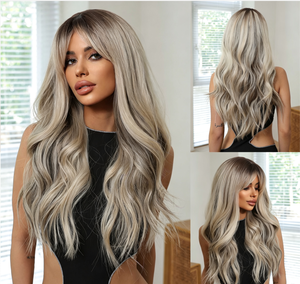 Peluca Larga Rizada de 26 Pulgadas, 150% de Densidad, Gris Claro, Cabello Ondulado Completo con Flequillo Partido, Material de Fibra Resistente a Altas Temperaturas - Product Image 5