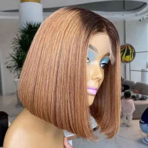 8 inches blunt cut #30 Bone straight bob wig 13*4lace frontal short bob wig affordable in brazilian human hair weave Double draw