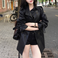 Manteau noir mi-long de style coréen, veste en cuir pour femme, nouveau style automne-hiver, col montant, trench-coat ceinturé