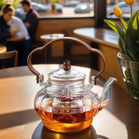 Théière à double usage avec verre borosilicate, poignée en bois, grande capacité 1100 ml, lanterne artisanale soufflée à la main