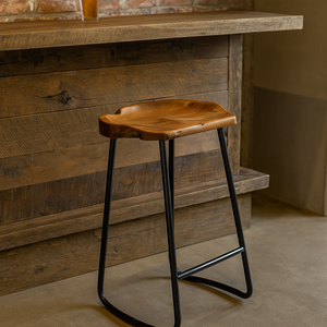 เก้าอี้บาร์ไม้ดีไซน์อุตสาหกรรมที่ทันสมัยมีเอกลักษณ์กรอบเหล็กขอบธรรมชาติที่เป็นเอกลักษณ์สำหรับห้องนั่งเล่นห้องครัวรับประทานอาหารใช้งานกลางแจ้ง - Product Image 1