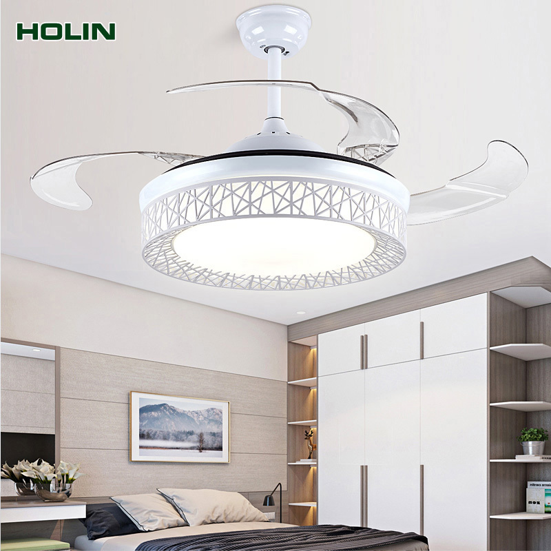 Modern Simple Bedroom Dining Room LED Frequency Conversion Speed Regulation Silver Fan Chandelier 220V Voltage