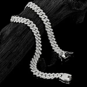 Rapper Necklace 925 Sterling Silver 14mm 2 Rows Straight Edge Iced out VVS Moissanite Cuban Link Chain
