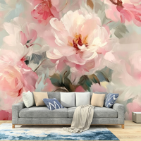 Papier peint mural personnalisé à motifs floraux roses, papier peint floral autocollant à motifs de pivoines en aquarelle pour chambre à coucher, salon