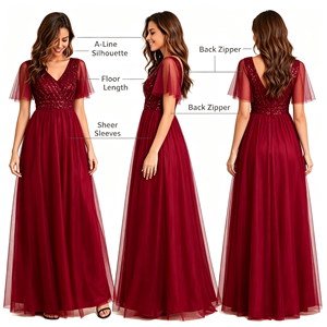 <span class=keywords><strong>Abito</strong></span> da Sera in Tulle Rosso Borgogna per <span class=keywords><strong>Donna</strong></span>: Scollo a V, Maniche Corte, Decorato con Paillettes, Vita Impero, Vestito <span class=keywords><strong>Lungo</strong></span> - Product Image 2