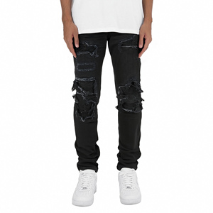 Atacado Preto Patch Calças Denim Casual Rasgado Danificado Afligido Designer Slim Fit Calças Stretch <span class=keywords><strong>Jeans</strong></span> dos homens 8569