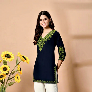 <b>Women's</b> <b>Navy</b> Blue Embroidered Cotton Kurta <b>Top</b> Regular Fit Midi Length Casual Wear India Pakistan Design All Seasons - Product Image 1