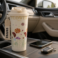 Mug de voyage isotherme 17oz en acier inoxydable, anti-fuite, avec couvercle à paille rabattable et isolation thermique 12-24 heures, motif floral