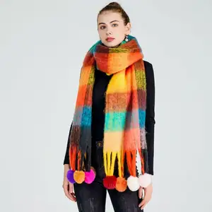 Winter Scarf With Pom Pom Soft Big Tassel Thick Warm Colorful Acrylic Long Woolen Tassels Scarfs For Women