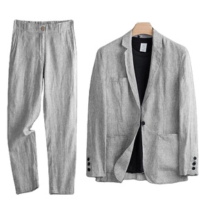 Completo Estivo da <span class=keywords><strong>Uomo</strong></span> in Cotone e <span class=keywords><strong>Lino</strong></span>, Giacca Larga con Protezione Solare, Set 2 Pezzi con Bottoni - Product Image 1