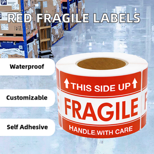 <b>Red</b> Self-Adhesive Rectangular <b>Paper</b> Stickers Fragile This Side Die-Cut Waterproof Customizable China Origin Shipping Labels - Product Image 2