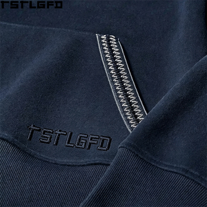Oem Odm Contrast Stitch Pullover Hoodie Men <b>Navy</b> Zigzag Trim Wholesale Bulk - Product Image 4