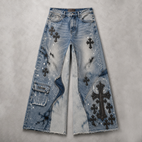 TaiDe Commande personnalisée Jean baggy évasé délavé à l'acide avec patch croisé en cuir et éclaboussures de peinture, ourlet brut, Fabricant OEM, faible MOQ, vente en gros
