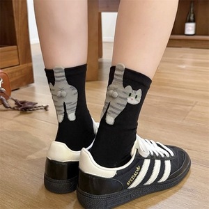 Chaussettes tendance personnalisées WZ-332, unisexes, motif chat de dessin animé, <span class=keywords><strong>clochette</strong></span>, gris œuf, mi-mollet - Product Image 3
