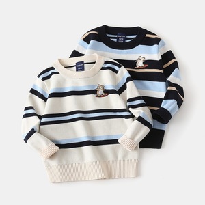 Suéter de Algodón para Niño, Otoño 2024, Diseño a Rayas con Bordado de Oso, Cálido, para Invierno, Manga Larga - Product Image 1