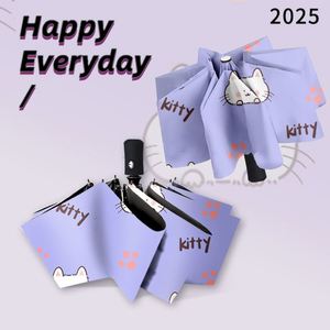 Parapluie pliant à 8 baleines noir enduit, à ouverture et fermeture automatiques, avec motif chat, personnalisable avec logo, vente en gros à bas prix, pour femmes et étudiants (cadeaux) - Product Image 4