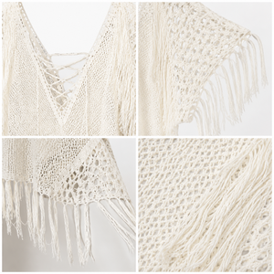 Minivestido de Playa Rosa de Ganchillo con Manga Murciélago, Borlas y Cuello en V, Ajuste Regular, Transpirable, Tejido de Punto Liso - Product Image 3