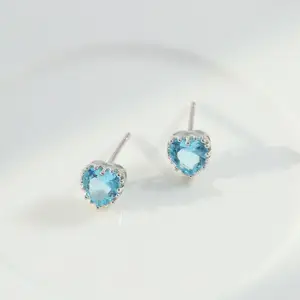 Wholesale women Luxury Single Blue Stone Stud Earring Designs 925 Sterling Silver Heart Shaped Crystal Earrings
