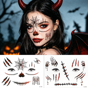 Autocollants de tatouage temporaire pour le visage, effet réaliste, pour Halloween : Clown, Bouffon, Toile d'araignée, Zombie, Fantôme – Maquillage imperméable - Product Image 1