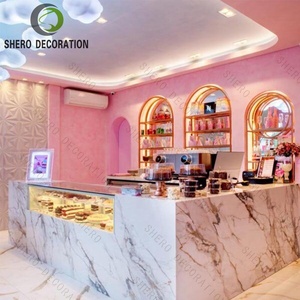Meubles de café sur mesure, design tendance, aménagement de boulangerie en bois avec comptoir de bar de café moderne en marbre - Product Image 1